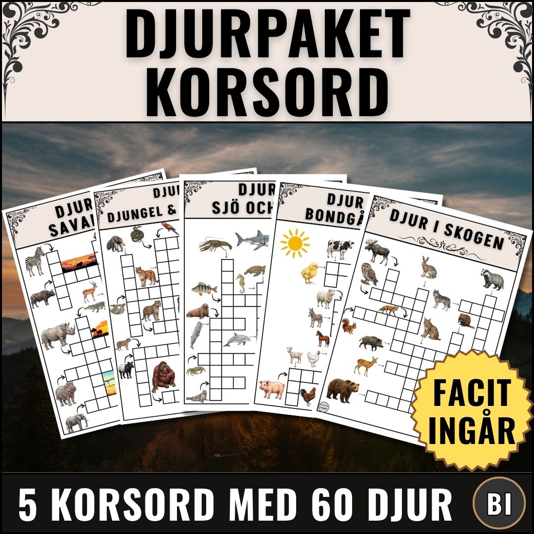 Fem pedagogiska korsord om djur, 12 djur per korsord, sammanlagt 60 djur. PDF-fil redo för utskrift till lektionen