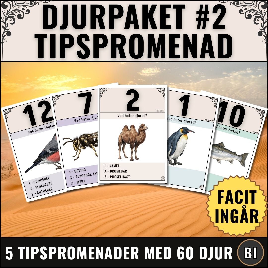 Tipspromenad Djur – Stort Paket #2 (5 teman, 60 frågor)