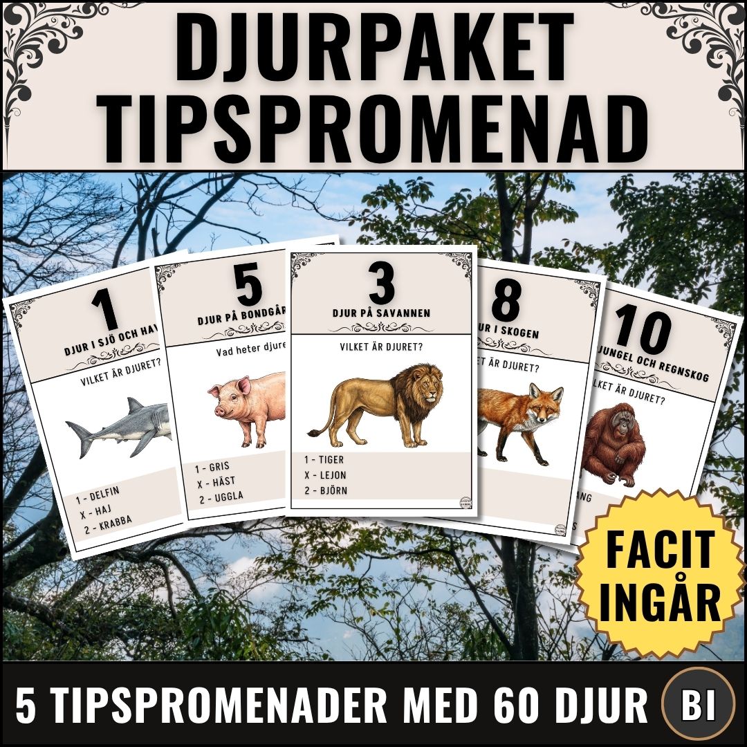 Fem pedagogiska tipspromenader om djur, 12 djur per tipspromenad, sammanlagt 60 djur. PDF-fil redo för utskrift till lektionen