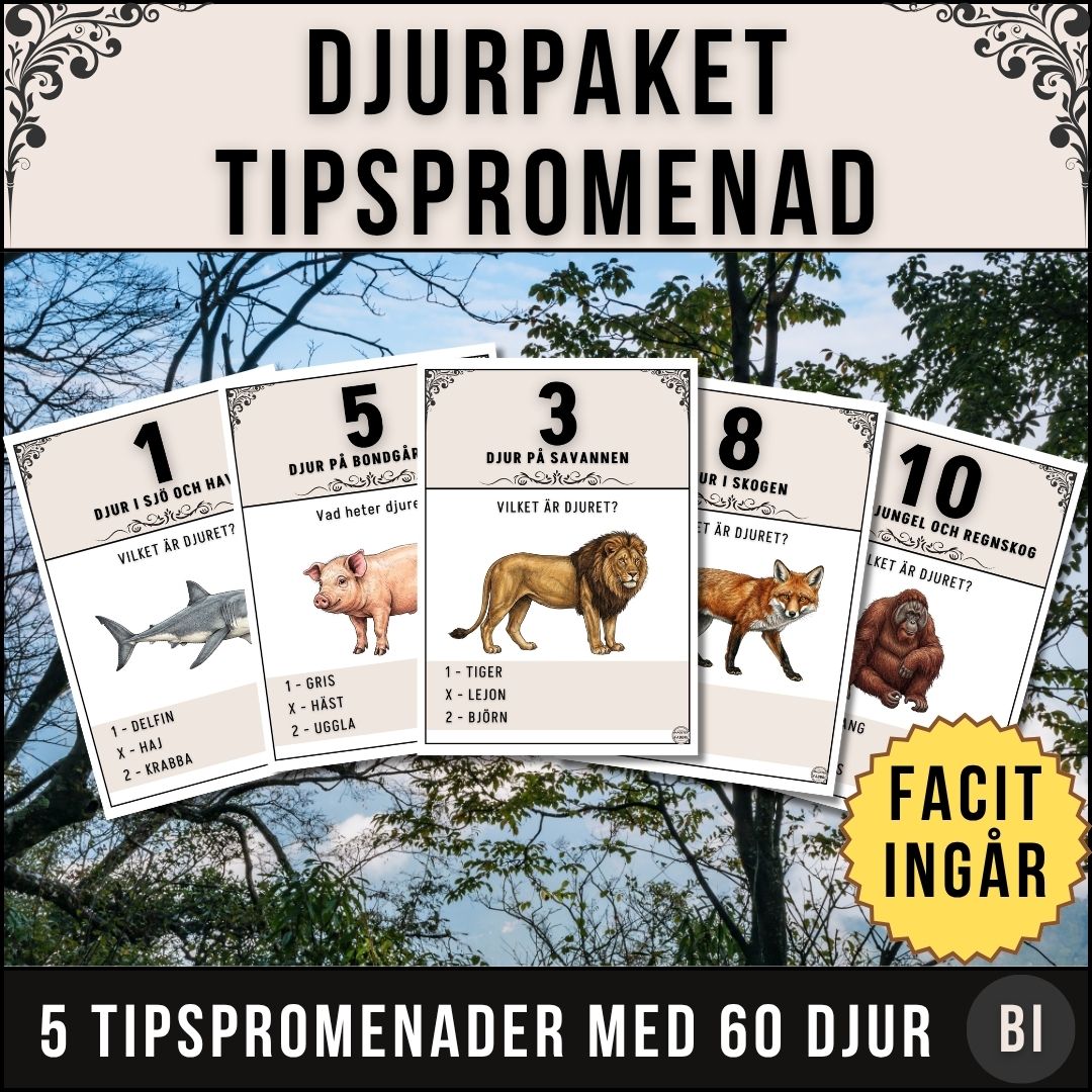 Tipspromenad Djur – Stort Paket (5 teman, 60 frågor)