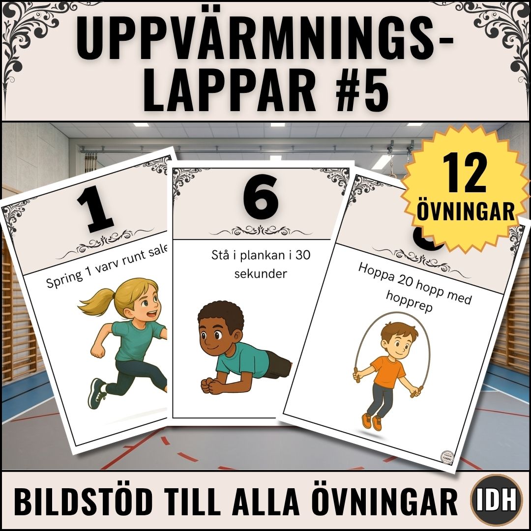 Perfekt uppvärmning för idrottslektionen med 12 uppgifter. Rörelseglädje och pulshöjande aktivitet