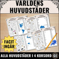 Hela världens huvudstäder i ett paket om fyra korsord. Ultimata paketet för att lära sig alla länders huvudstäder på geografilektionen.