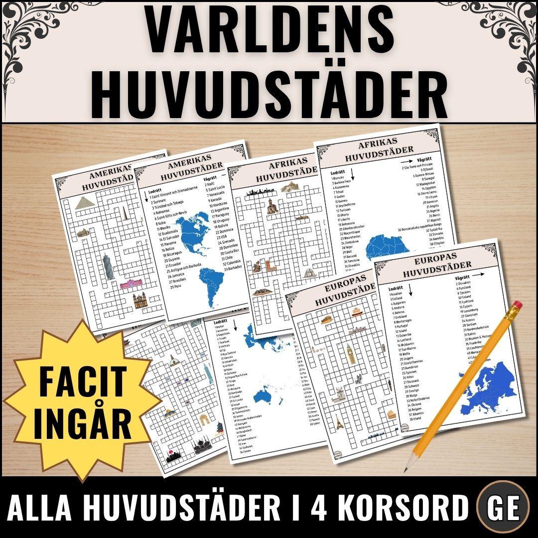 Hela världens huvudstäder i ett paket om fyra korsord. Ultimata paketet för att lära sig alla länders huvudstäder på geografilektionen.
